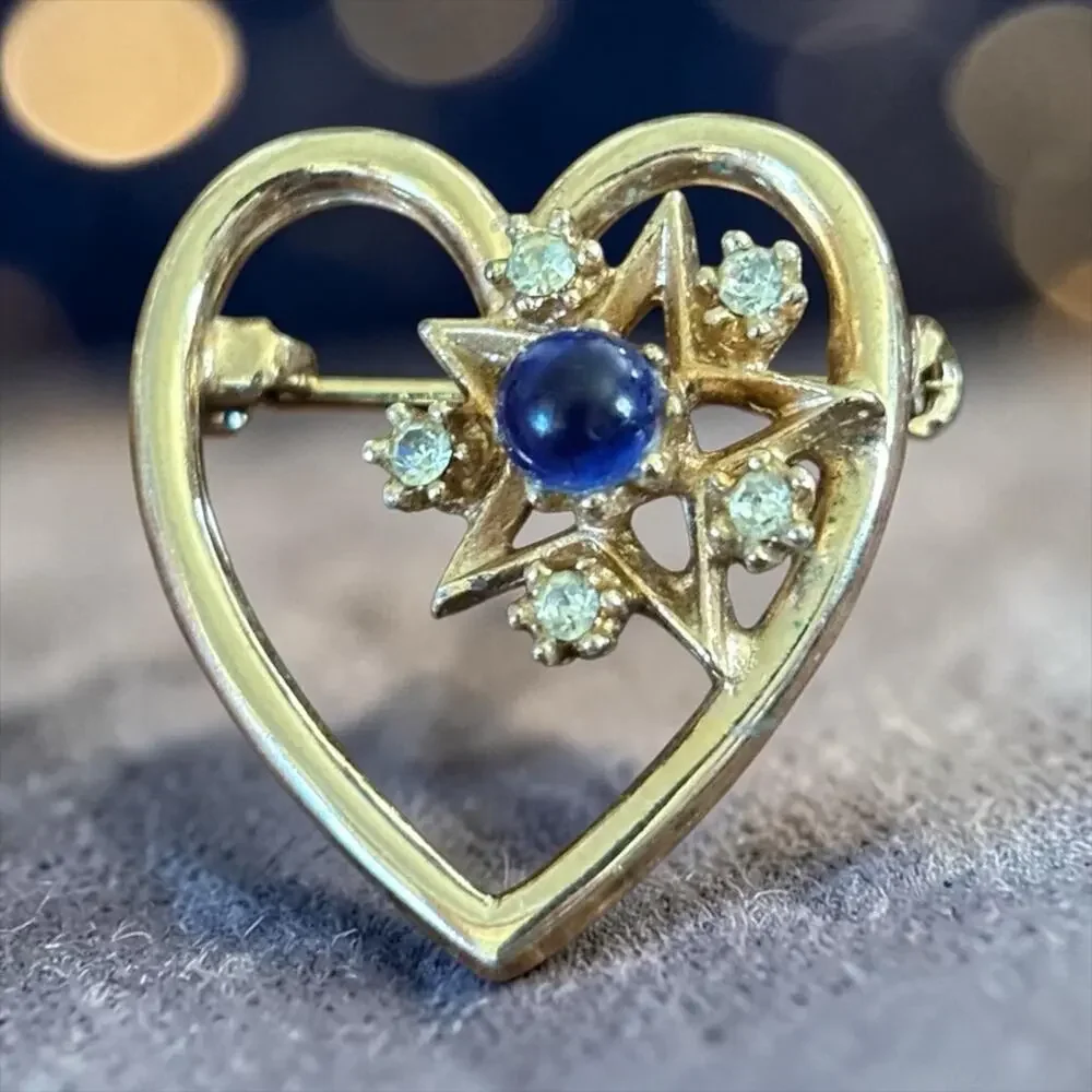 Vintage Gold Heart Starburst Brooch Blue Lapis Cabochon Rhinestone Celestial Pin